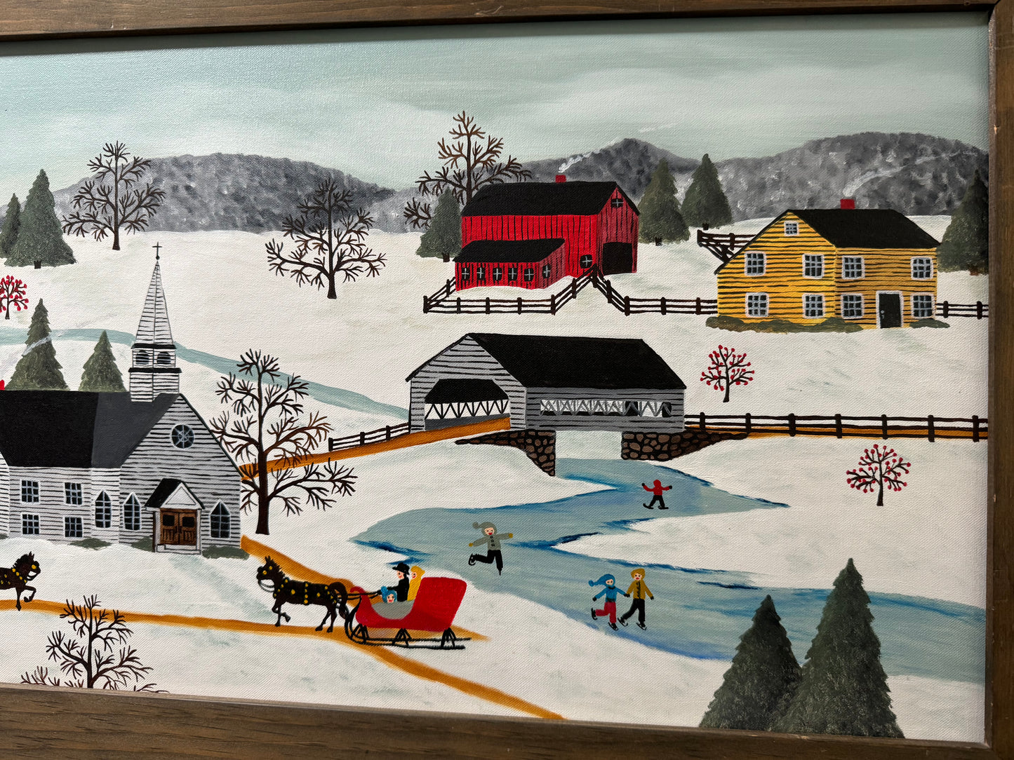 Vintage Oil Painting “ The Village Church in Winter “ 1989
