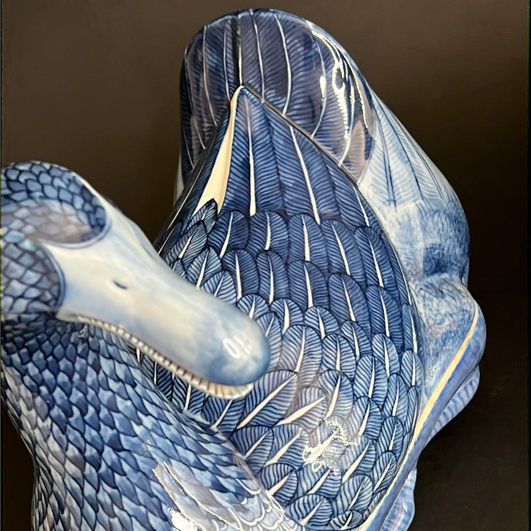 20th C. Rare Pair Chinese Export Blue & White Porcelain Duck & Cover