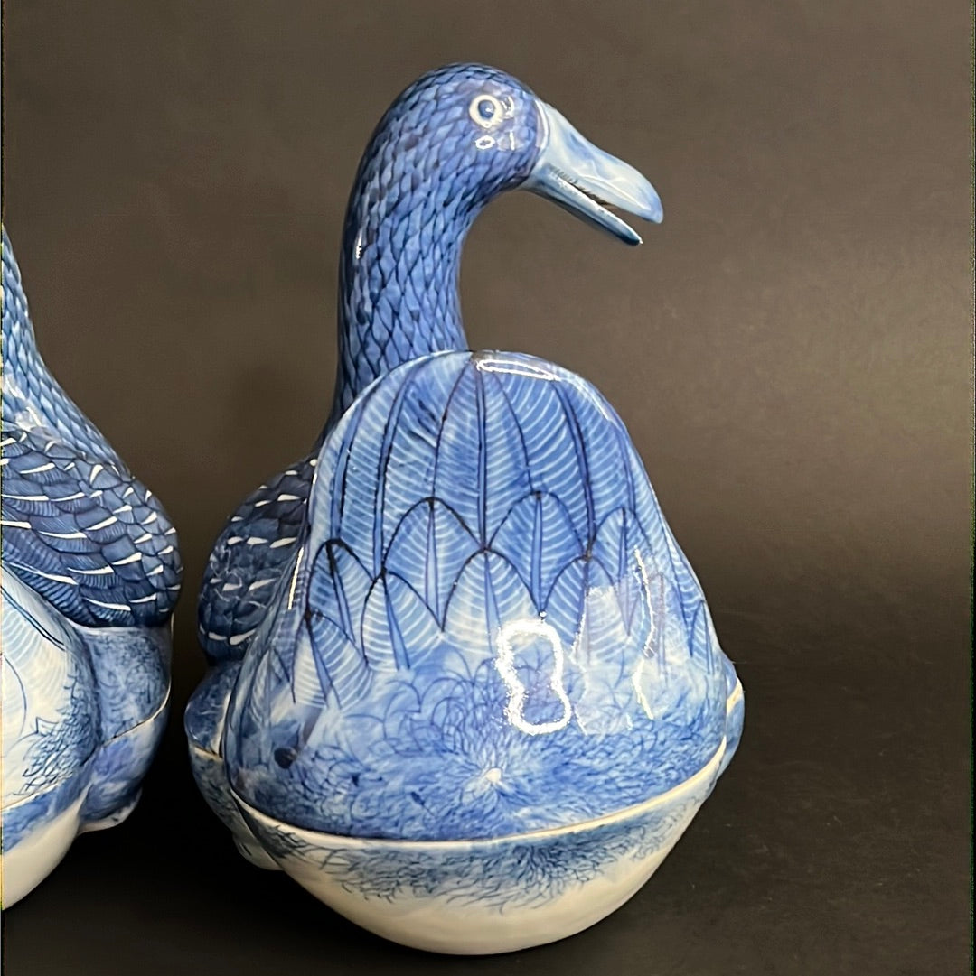 20th C. Rare Pair Chinese Export Blue & White Porcelain Duck & Cover