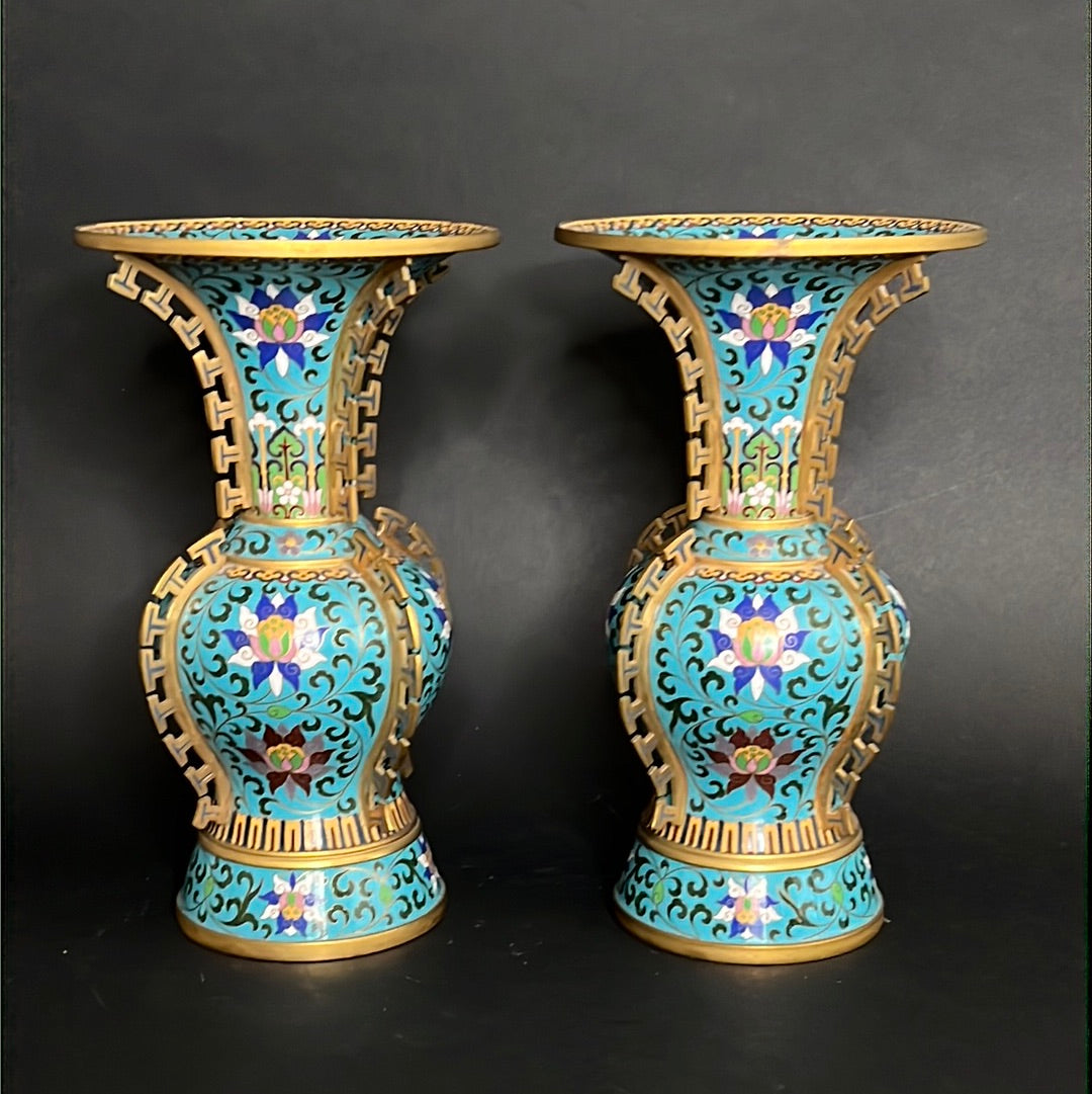 20th C. Rare Pair Chinese Cloisonné Gu Shape Vase