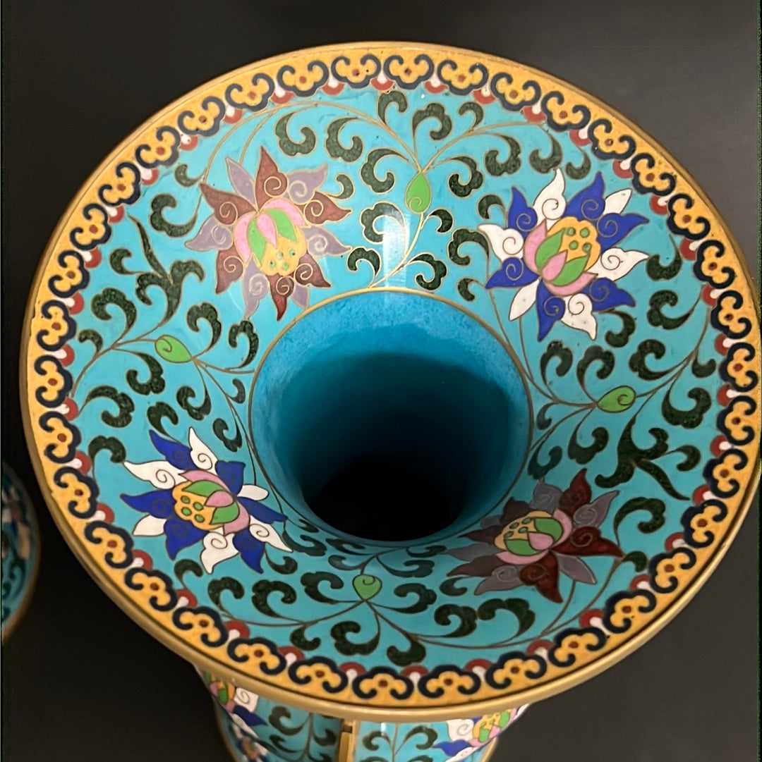20th C. Rare Pair Chinese Cloisonné Gu Shape Vase