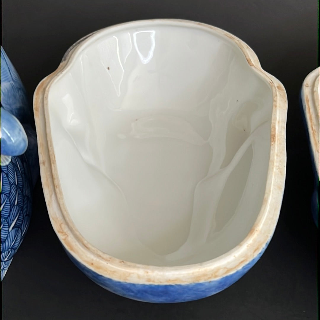 20th C. Rare Pair Chinese Export Blue & White Porcelain Duck & Cover