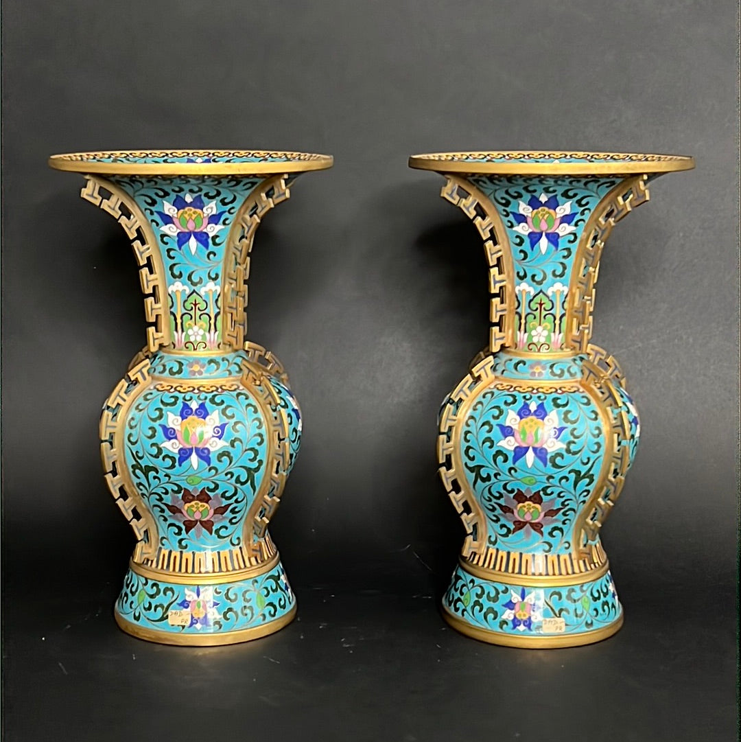 20th C. Rare Pair Chinese Cloisonné Gu Shape Vase