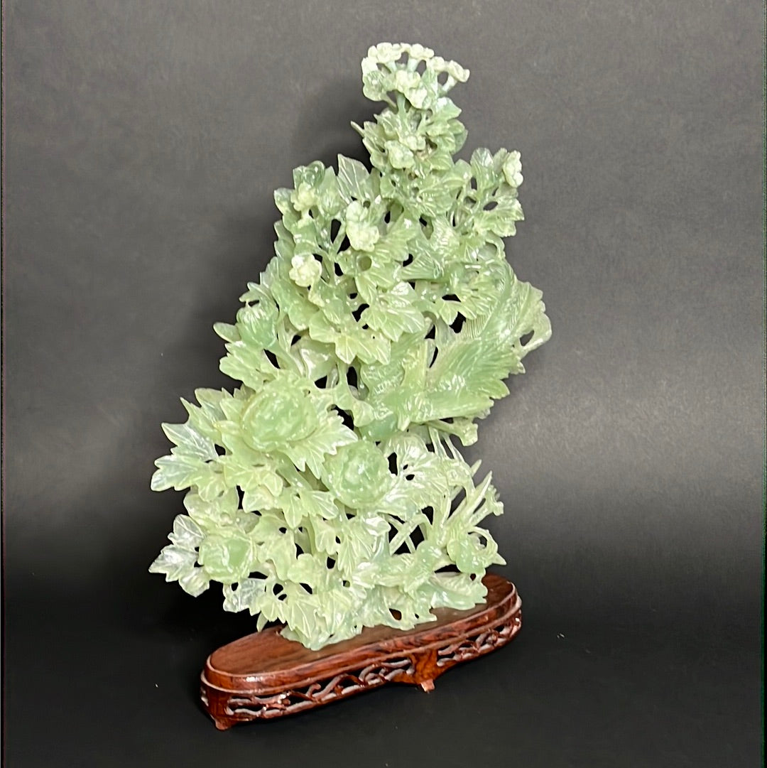 20th C. White & Greenish Chinese Jade A Mother Phoenix Bird & Tree Prides