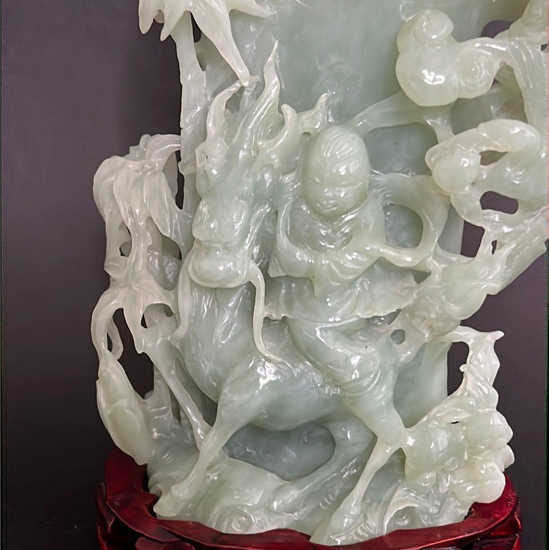 20th C. Celadon Chinese Jade Bamboo Jade Vase With mythical Dragon ,Phoenix & Crane Birds