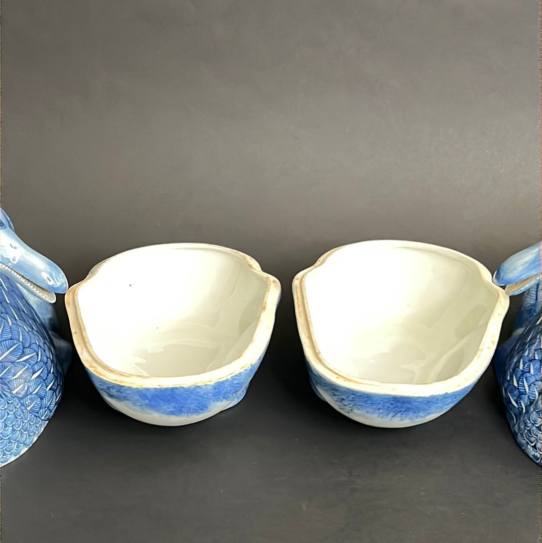 20th C. Rare Pair Chinese Export Blue & White Porcelain Duck & Cover