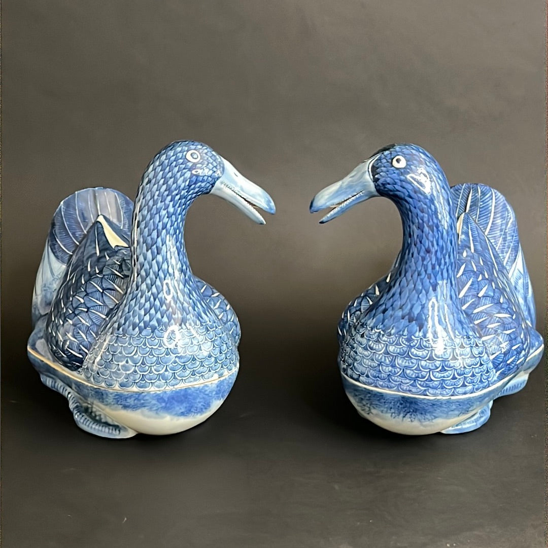 20th C. Rare Pair Chinese Export Blue & White Porcelain Duck & Cover