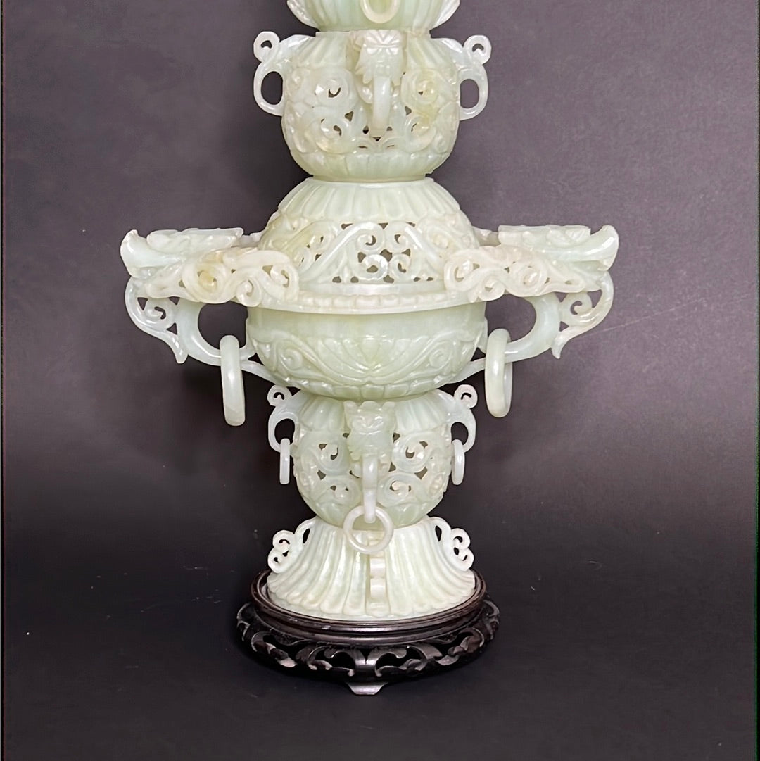 20th C Celadon Russet Jade Exquisitely Hand Carved Pagoda Tower