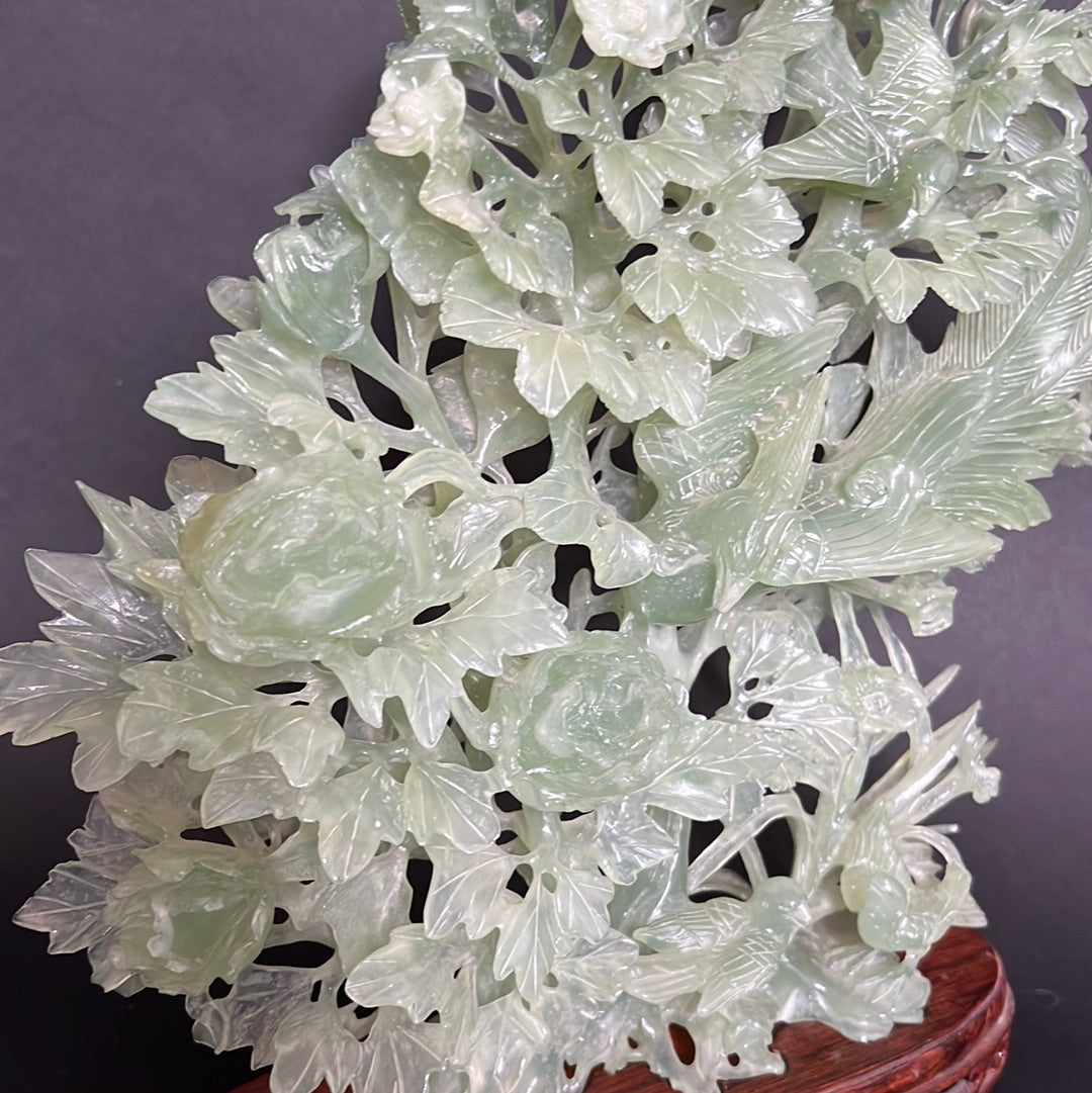 20th C. White & Greenish Chinese Jade A Mother Phoenix Bird & Tree Prides