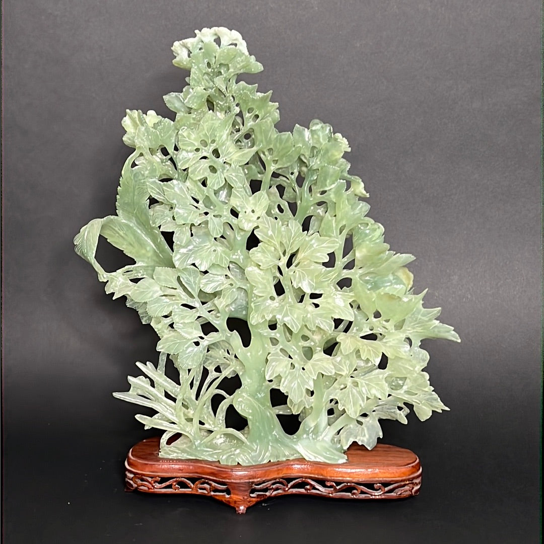 20th C. White & Greenish Chinese Jade A Mother Phoenix Bird & Tree Prides