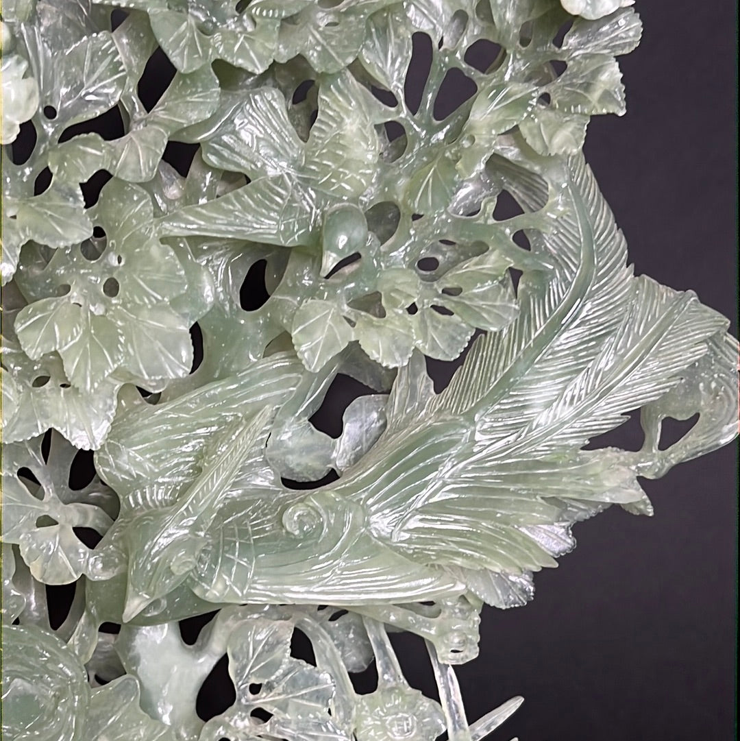 20th C. White & Greenish Chinese Jade A Mother Phoenix Bird & Tree Prides