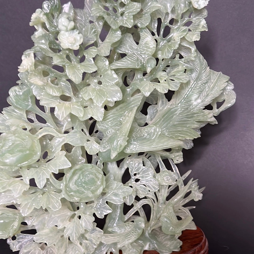 20th C. White & Greenish Chinese Jade A Mother Phoenix Bird & Tree Prides
