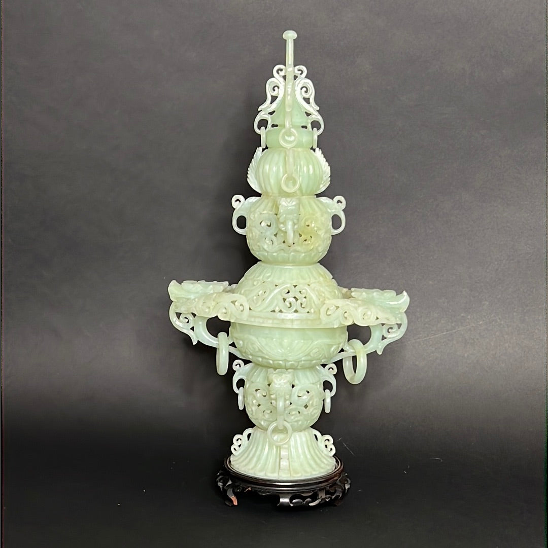 20th C Celadon Russet Jade Exquisitely Hand Carved Pagoda Tower