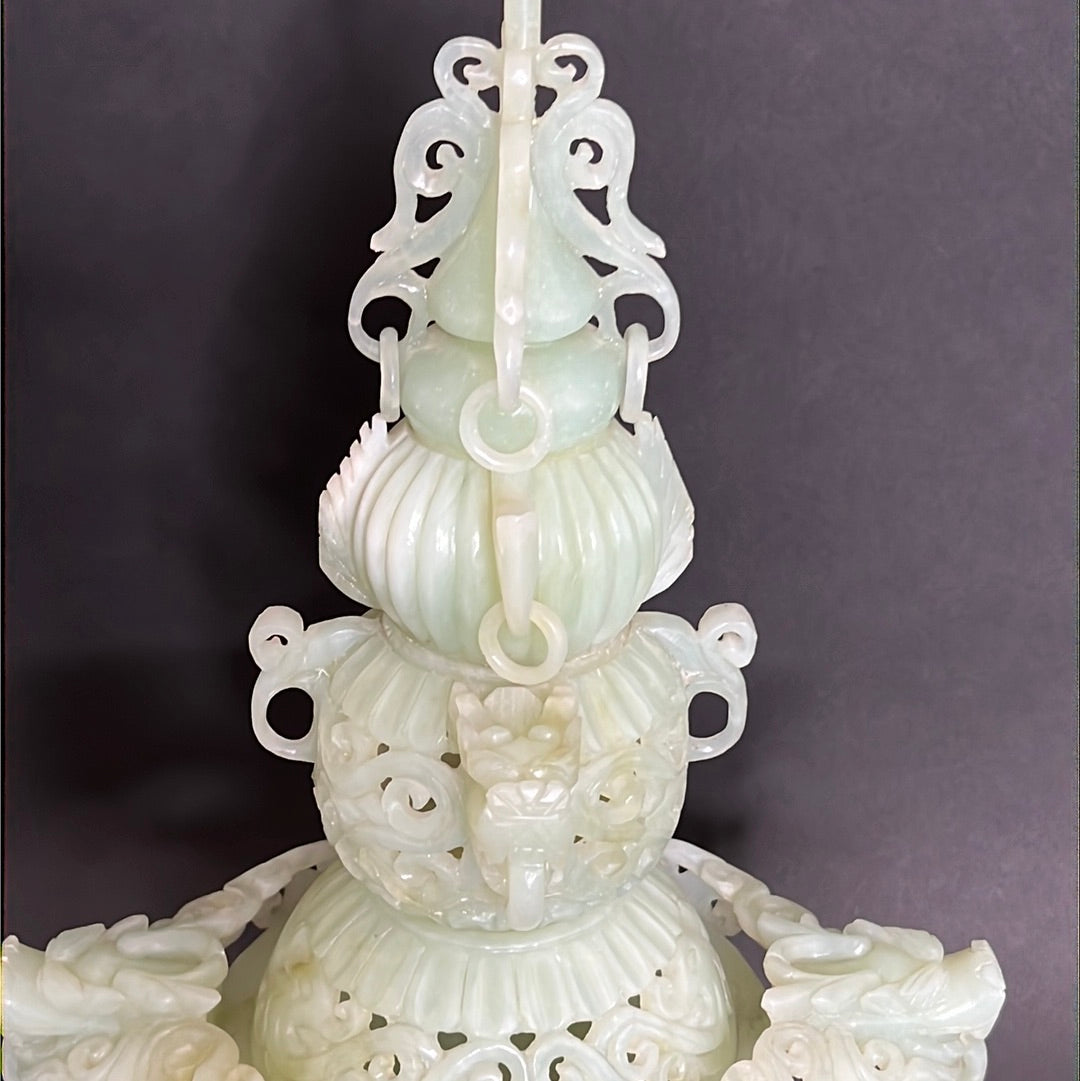 20th C Celadon Russet Jade Exquisitely Hand Carved Pagoda Tower