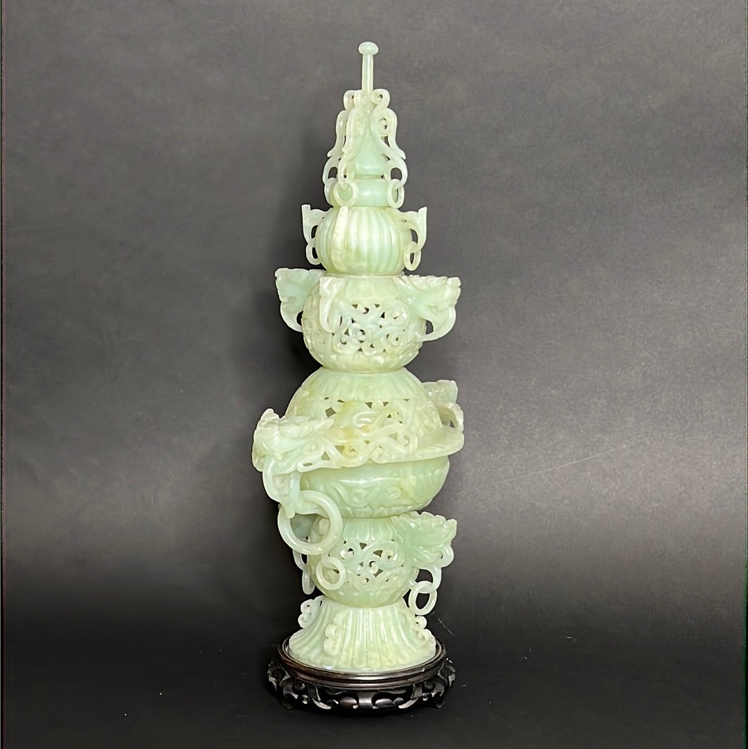 20th C Celadon Russet Jade Exquisitely Hand Carved Pagoda Tower