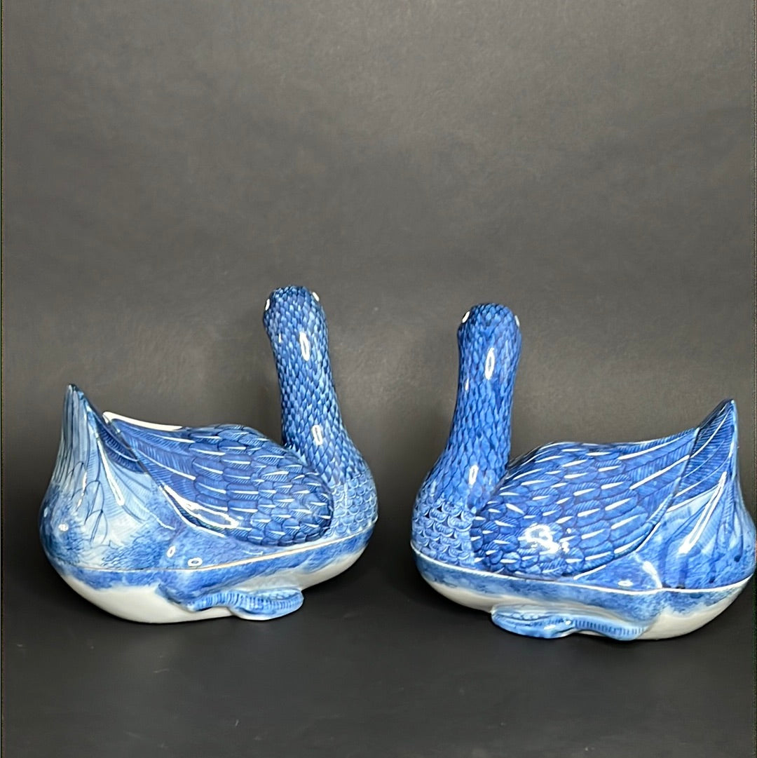 20th C. Rare Pair Chinese Export Blue & White Porcelain Duck & Cover