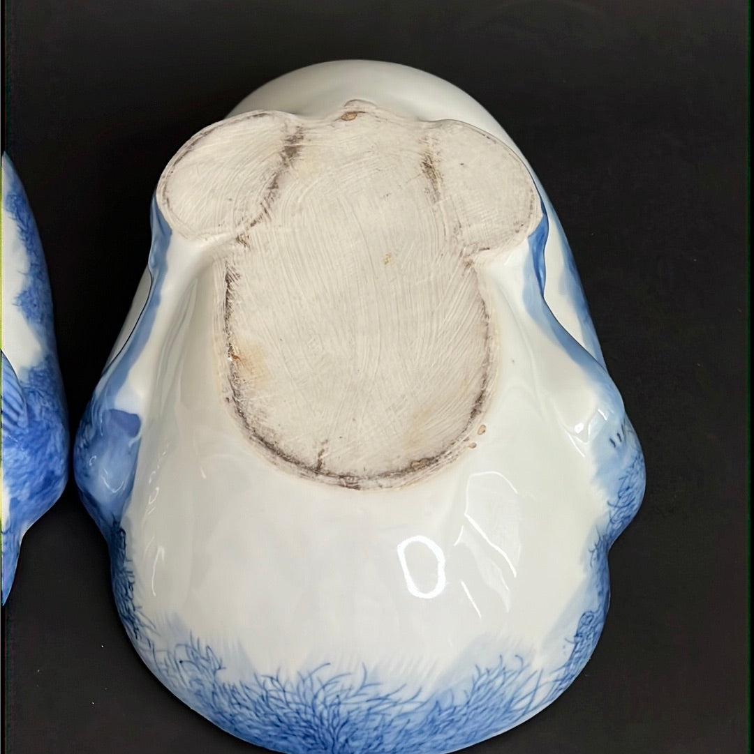 20th C. Rare Pair Chinese Export Blue & White Porcelain Duck & Cover
