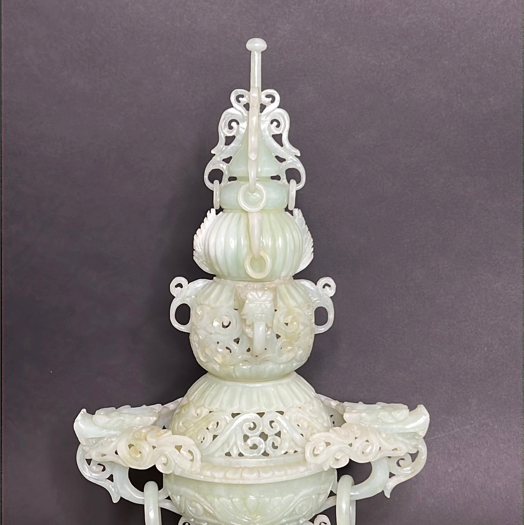 20th C Celadon Russet Jade Exquisitely Hand Carved Pagoda Tower
