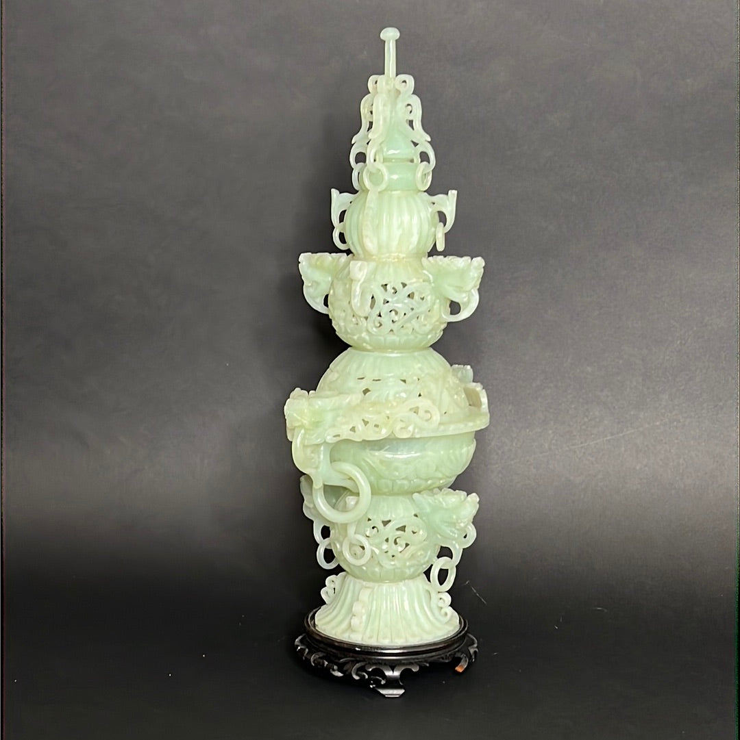 20th C Celadon Russet Jade Exquisitely Hand Carved Pagoda Tower