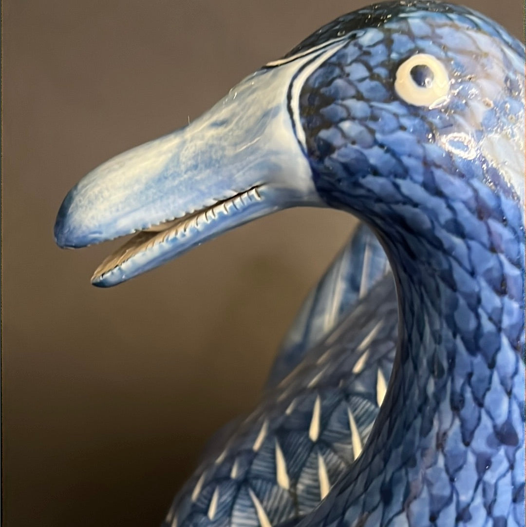 20th C. Rare Pair Chinese Export Blue & White Porcelain Duck & Cover