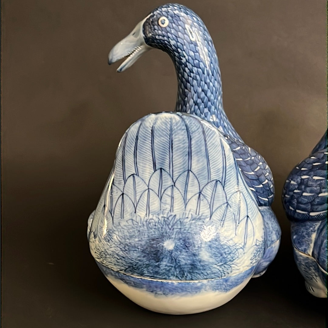 20th C. Rare Pair Chinese Export Blue & White Porcelain Duck & Cover