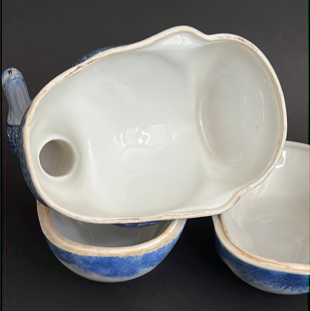 20th C. Rare Pair Chinese Export Blue & White Porcelain Duck & Cover