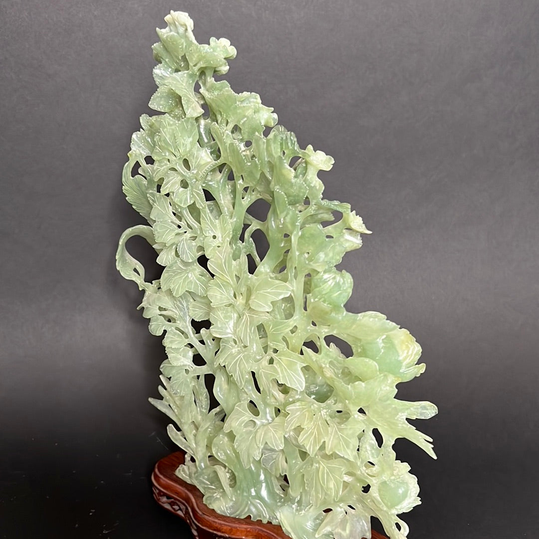 20th C. White & Greenish Chinese Jade A Mother Phoenix Bird & Tree Prides