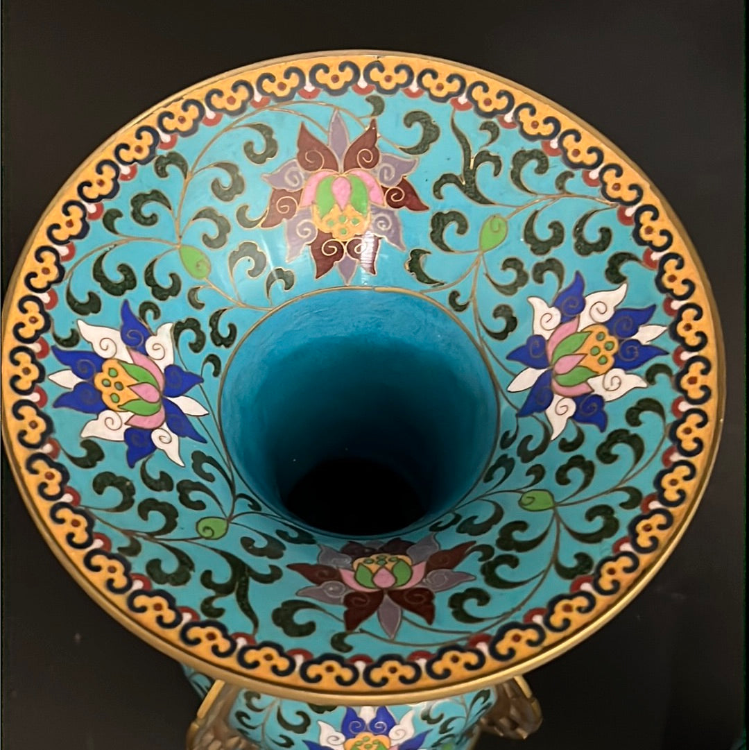 20th C. Rare Pair Chinese Cloisonné Gu Shape Vase