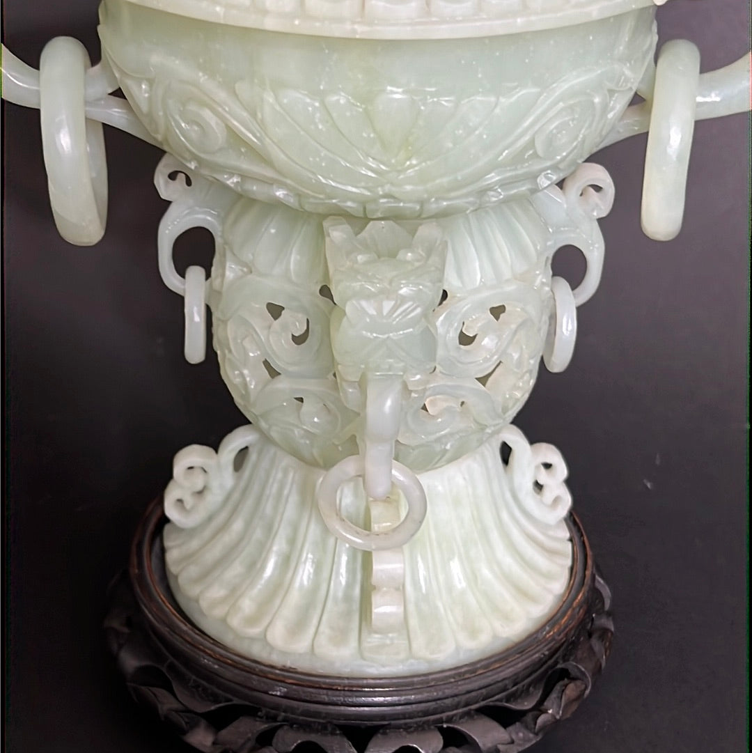 20th C Celadon Russet Jade Exquisitely Hand Carved Pagoda Tower