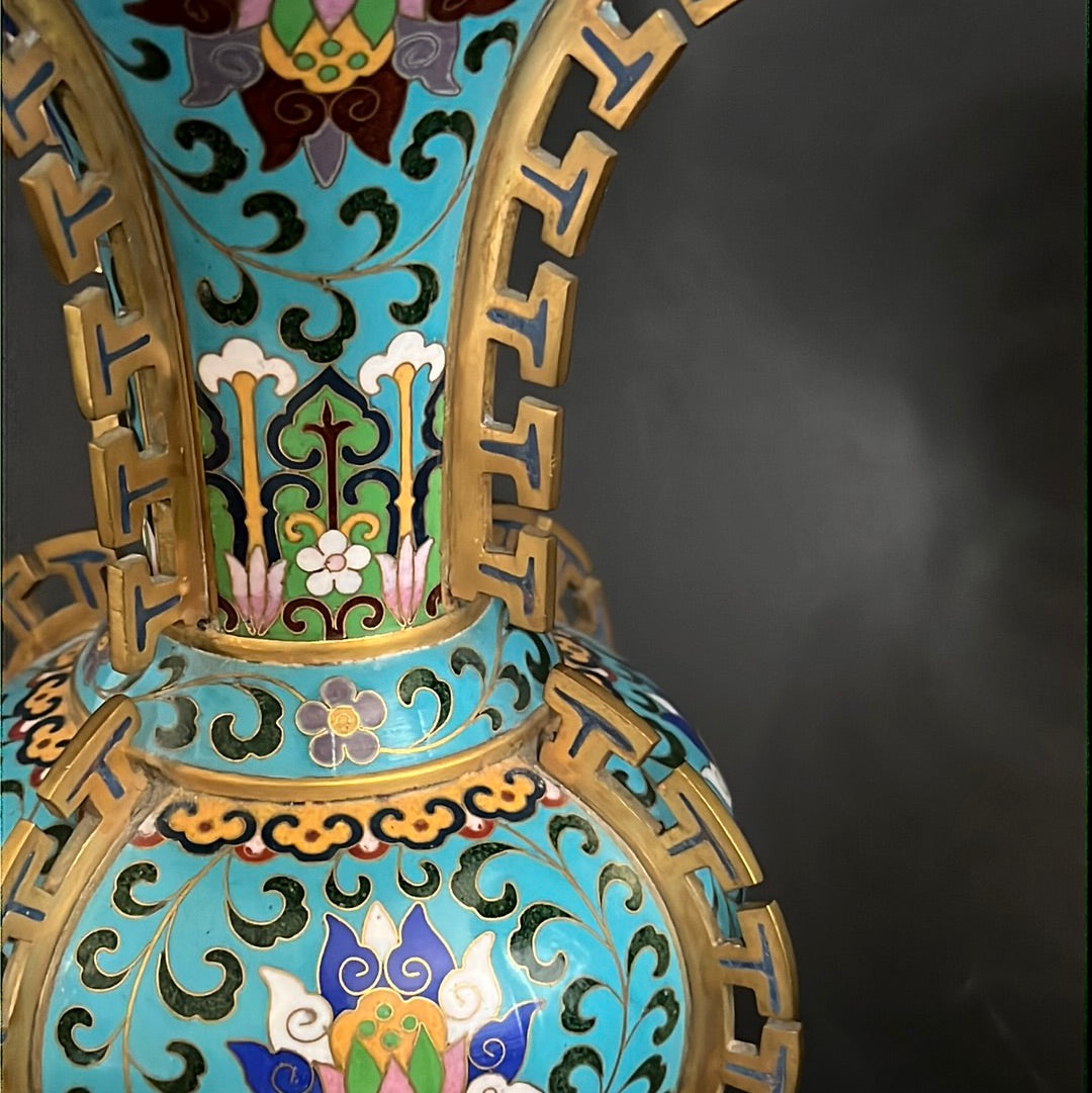 20th C. Rare Pair Chinese Cloisonné Gu Shape Vase