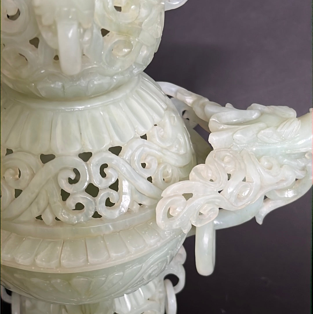 20th C Celadon Russet Jade Exquisitely Hand Carved Pagoda Tower