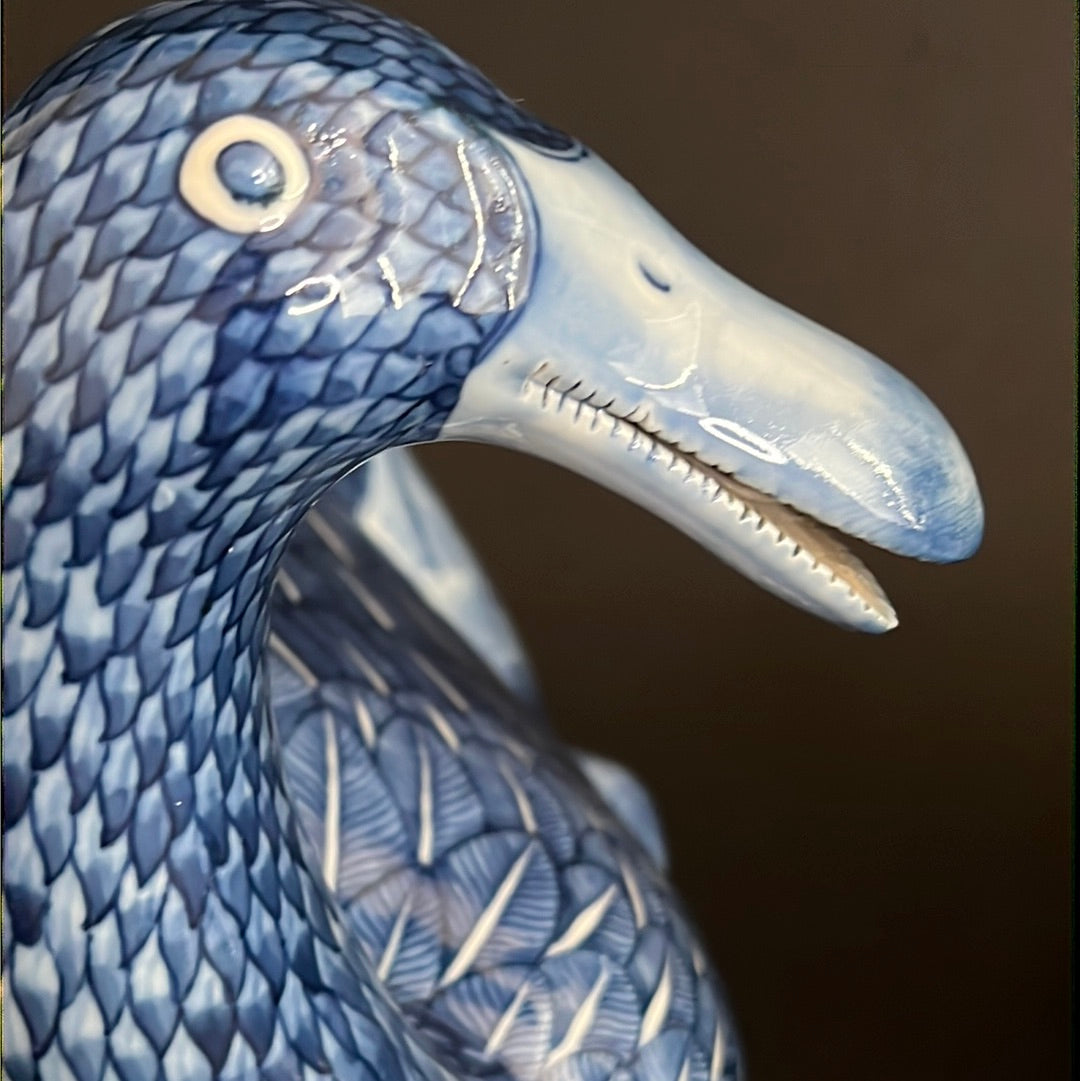 20th C. Rare Pair Chinese Export Blue & White Porcelain Duck & Cover