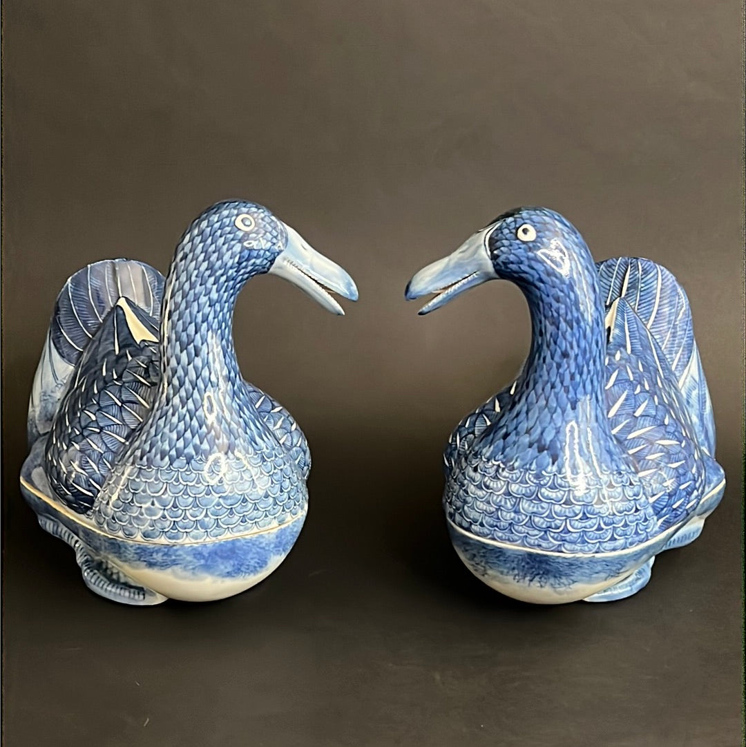20th C. Rare Pair Chinese Export Blue & White Porcelain Duck & Cover