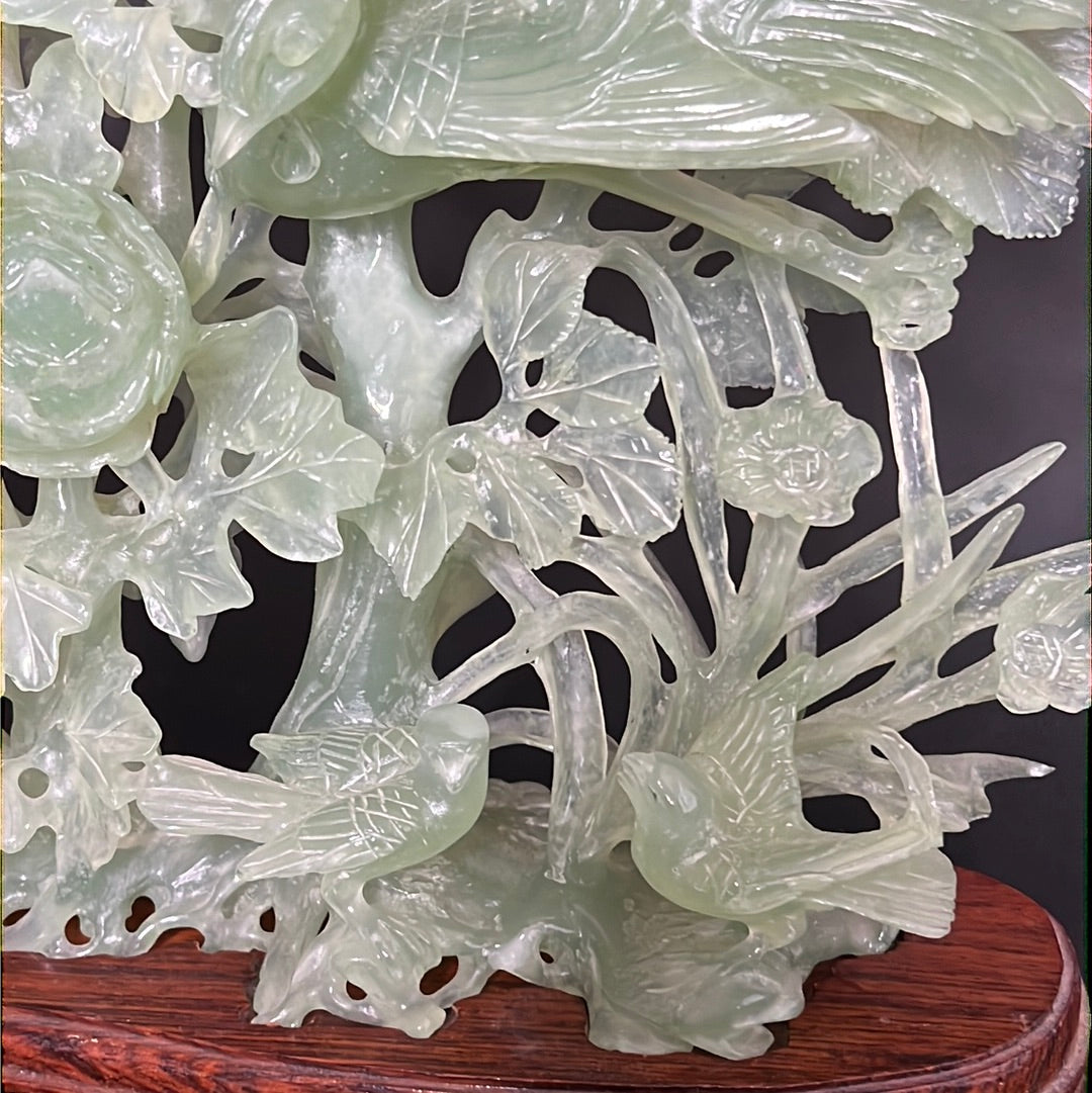 20th C. White & Greenish Chinese Jade A Mother Phoenix Bird & Tree Prides