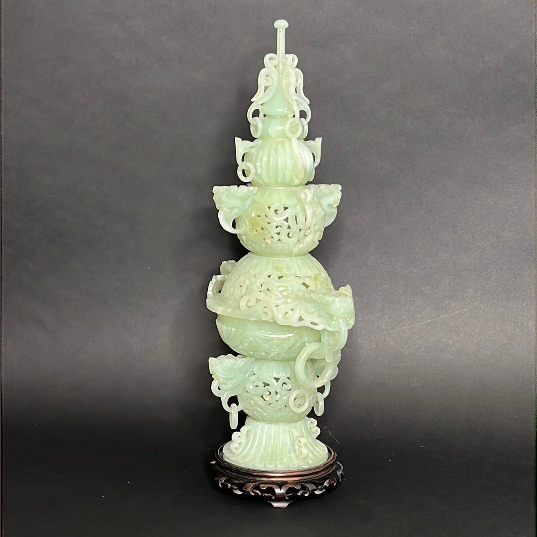 20th C Celadon Russet Jade Exquisitely Hand Carved Pagoda Tower