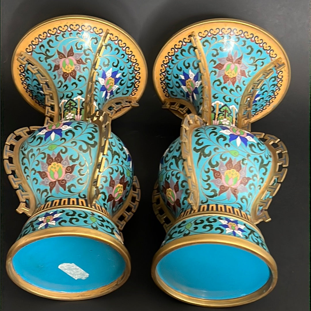 20th C. Rare Pair Chinese Cloisonné Gu Shape Vase