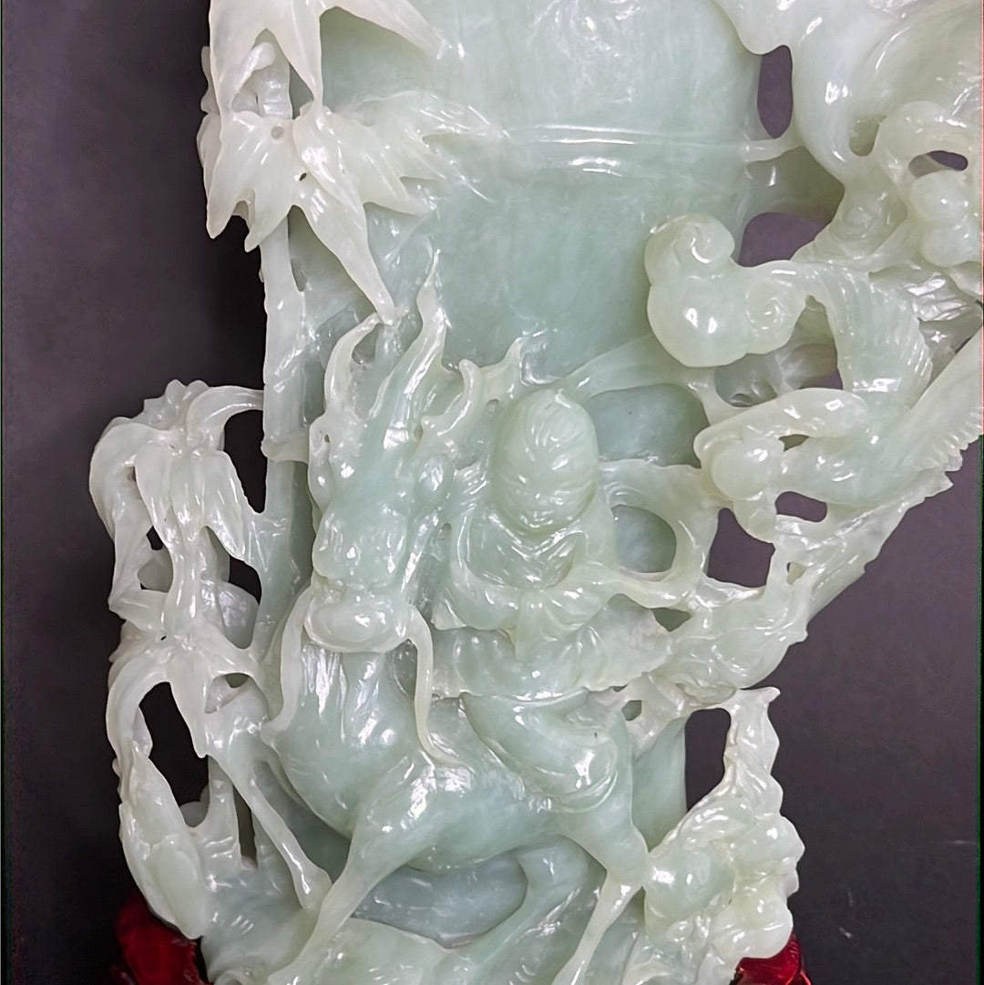 20th C. Celadon Chinese Jade Bamboo Jade Vase With mythical Dragon ,Phoenix & Crane Birds