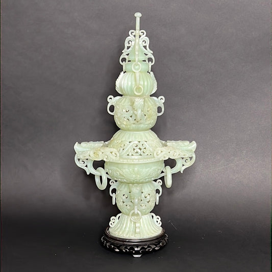 20th C Celadon Russet Jade Exquisitely Hand Carved Pagoda Tower