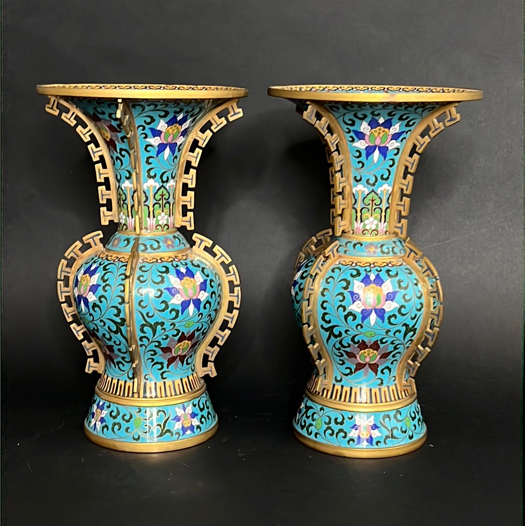 20th C. Rare Pair Chinese Cloisonné Gu Shape Vase