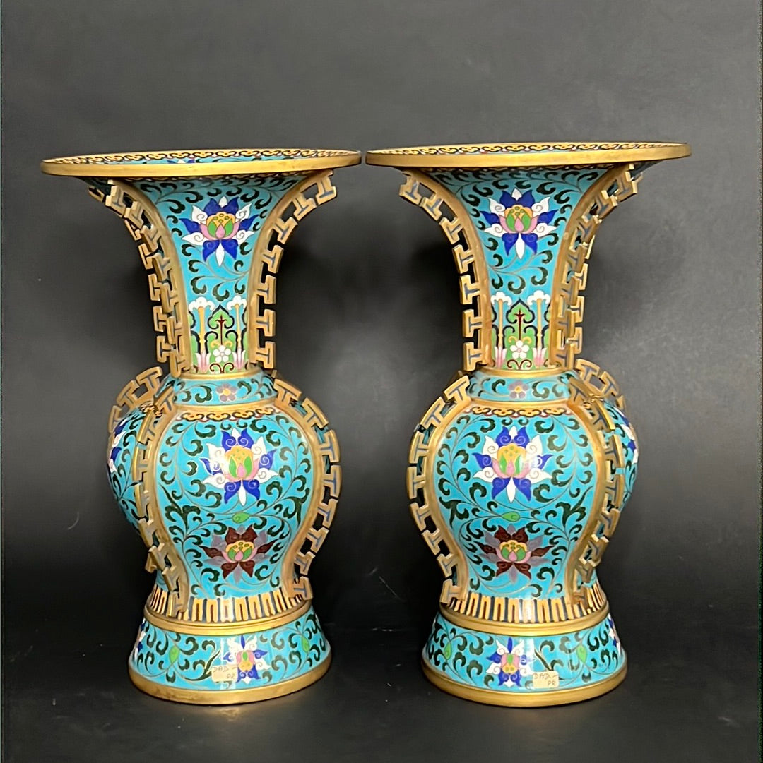 20th C. Rare Pair Chinese Cloisonné Gu Shape Vase