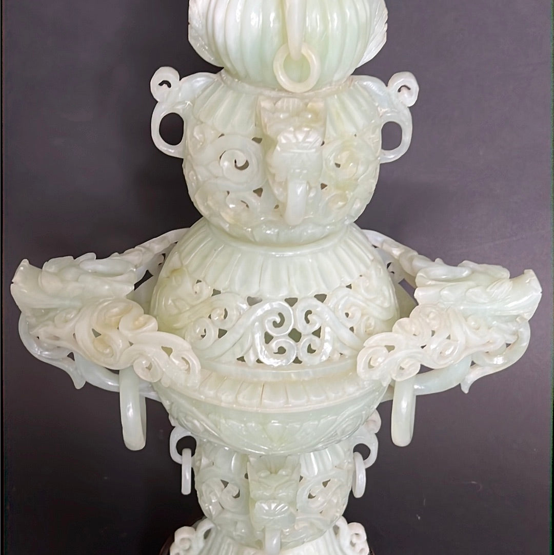 20th C Celadon Russet Jade Exquisitely Hand Carved Pagoda Tower