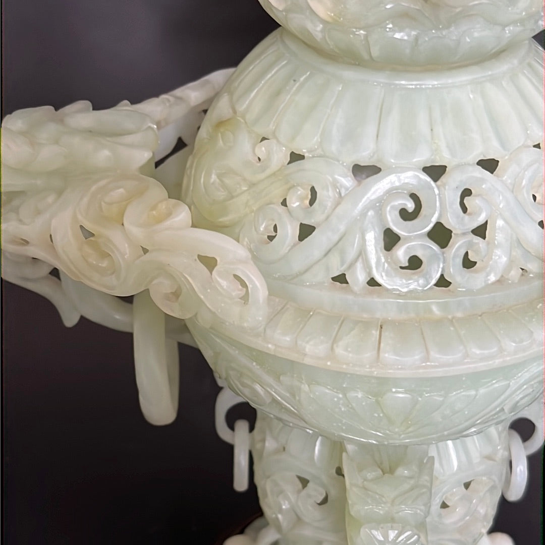 20th C Celadon Russet Jade Exquisitely Hand Carved Pagoda Tower
