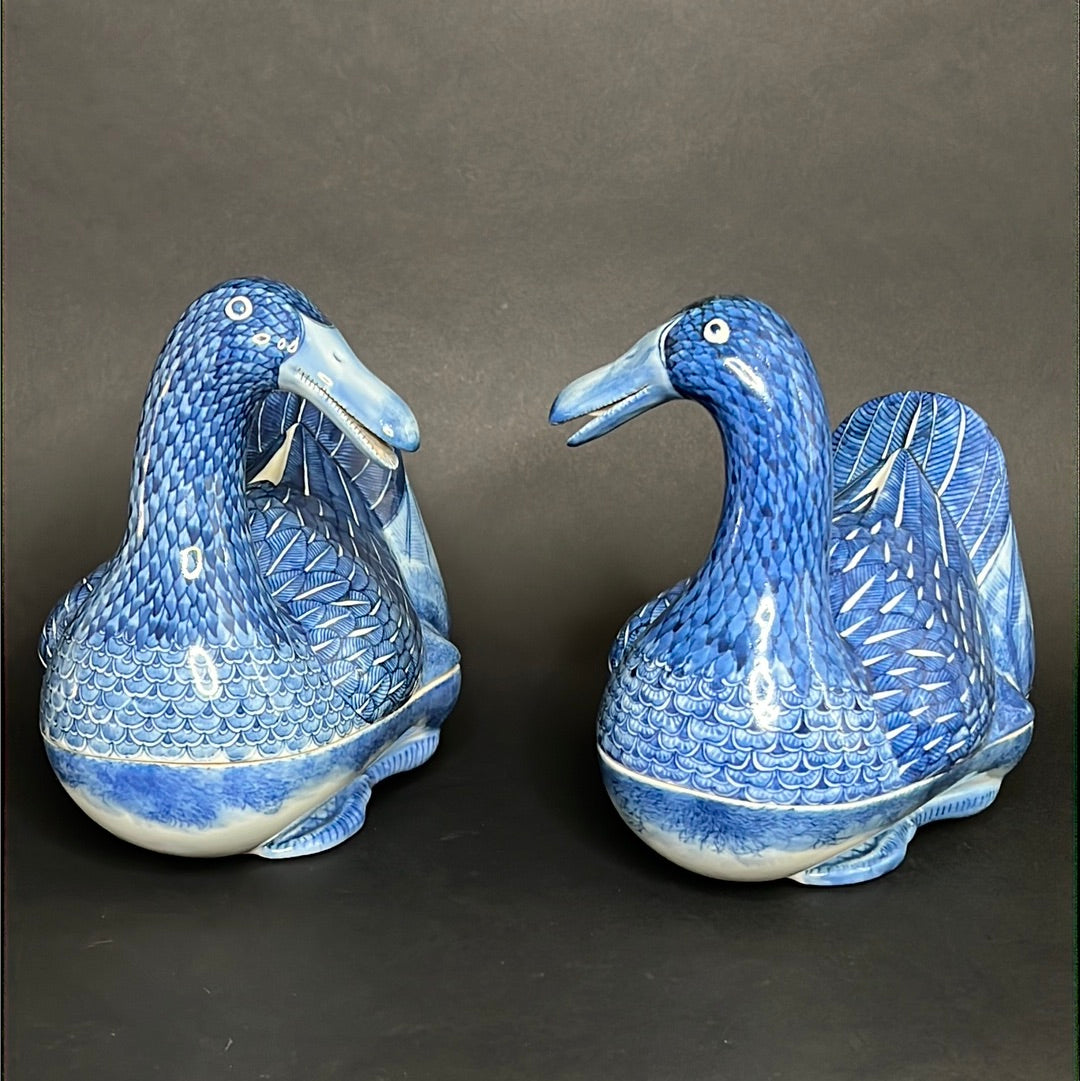 20th C. Rare Pair Chinese Export Blue & White Porcelain Duck & Cover