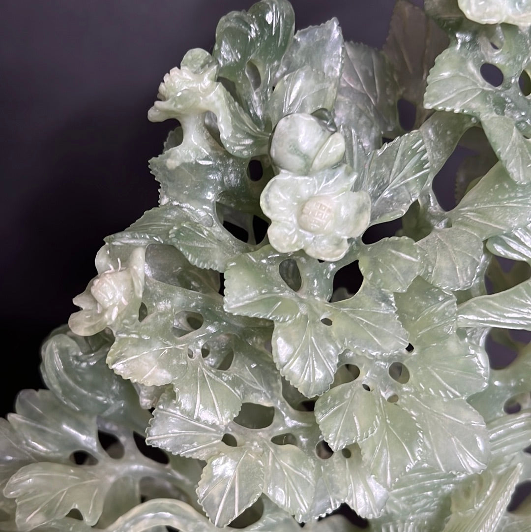 20th C. White & Greenish Chinese Jade A Mother Phoenix Bird & Tree Prides