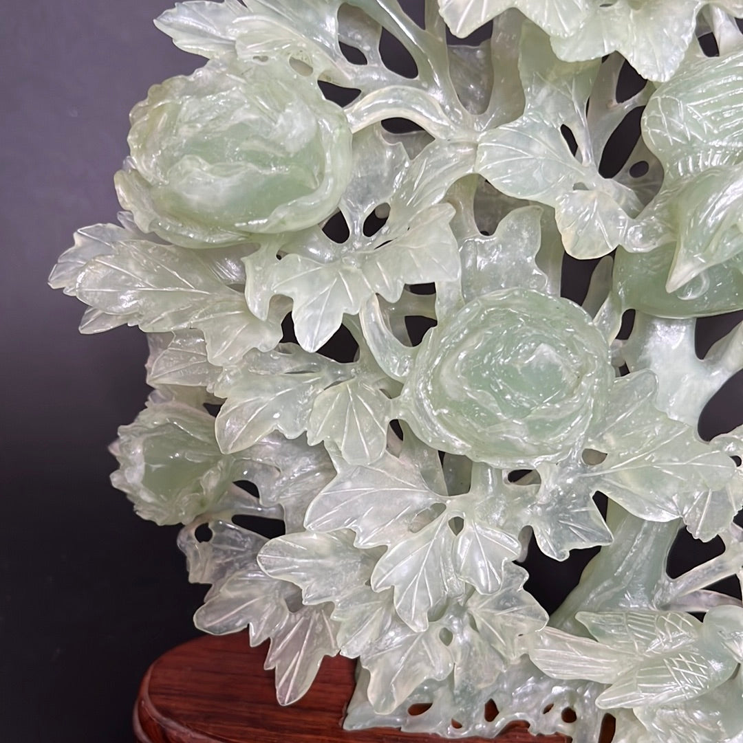 20th C. White & Greenish Chinese Jade A Mother Phoenix Bird & Tree Prides