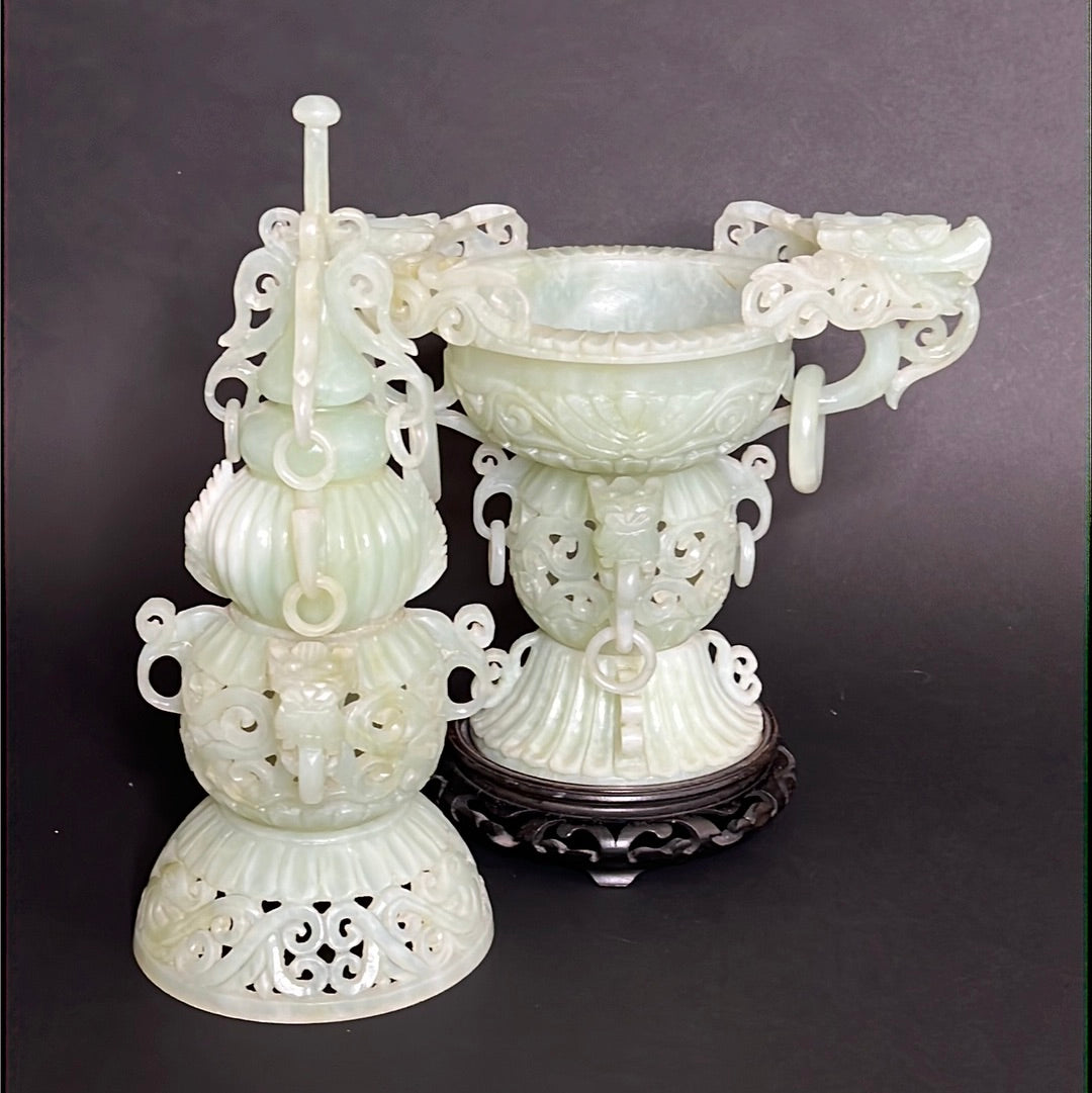 20th C Celadon Russet Jade Exquisitely Hand Carved Pagoda Tower