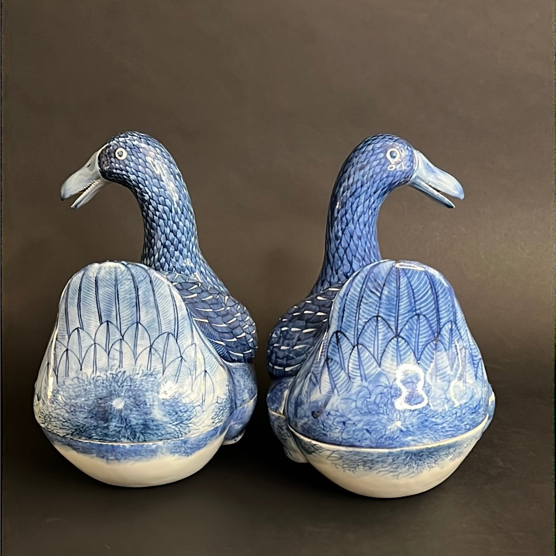 20th C. Rare Pair Chinese Export Blue & White Porcelain Duck & Cover
