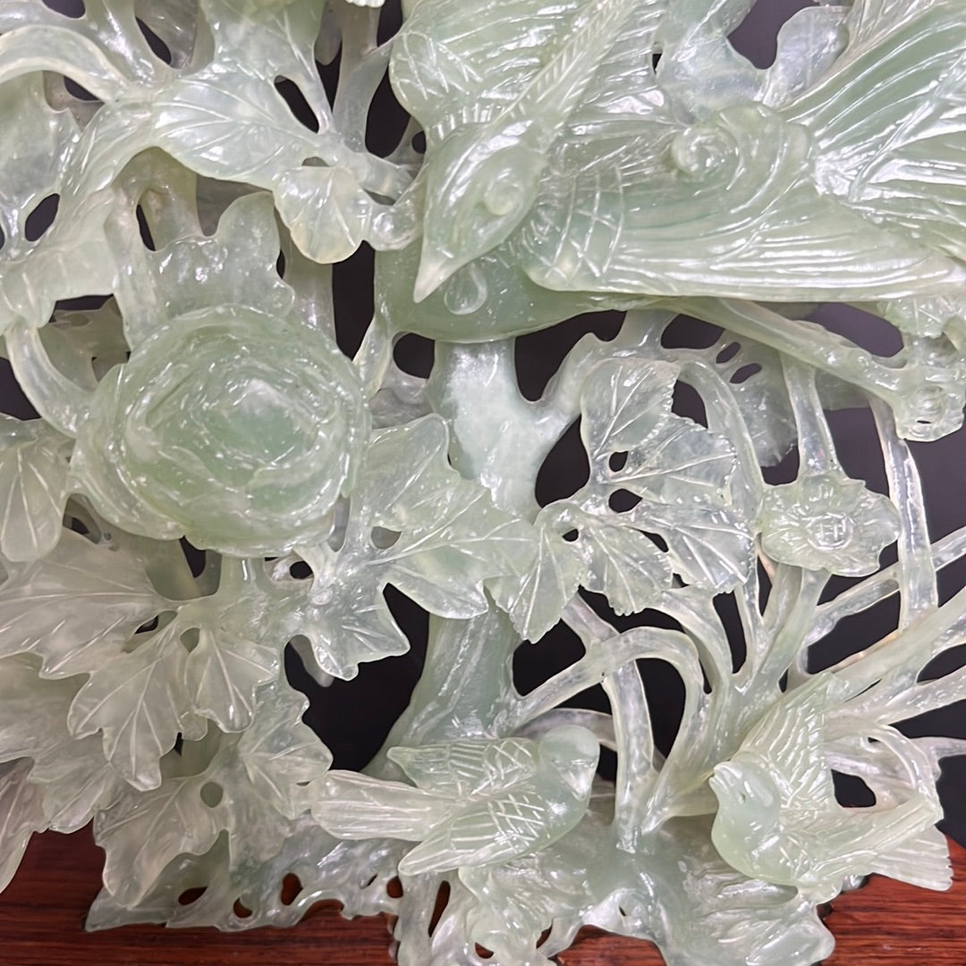 20th C. White & Greenish Chinese Jade A Mother Phoenix Bird & Tree Prides