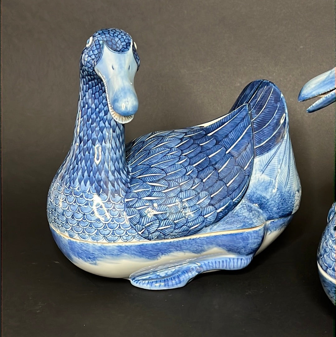 20th C. Rare Pair Chinese Export Blue & White Porcelain Duck & Cover