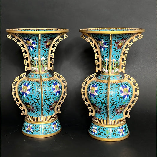 20th C. Rare Pair Chinese Cloisonné Gu Shape Vase